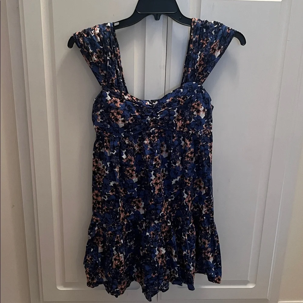 Free People Pattern Play Mini Floral Dress Cool Combo Women XS Blue Linen Blend